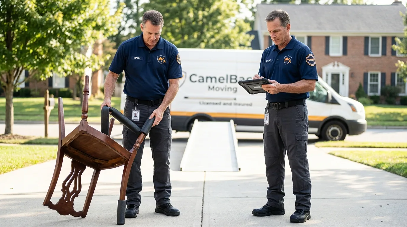 Movers inspecting furniture for damage prevention before loading in Midlothian, IL