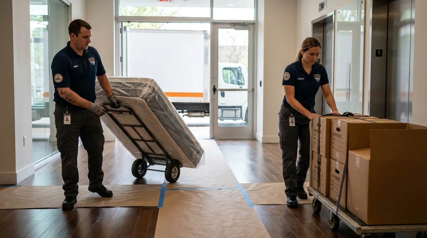 Professional apartment movers loading elevator in Midlothian, IL